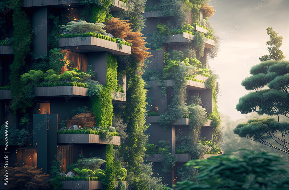Modern environmental residential city district with green terraces of flats. Postproducted generative AI digital illustration.