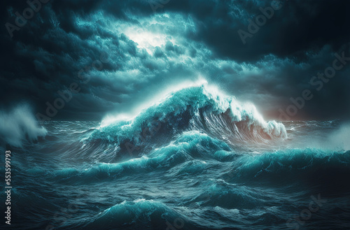 Stormy blue ocean with big waves and cloudy sky. Postproducted generative AI digital illustration.