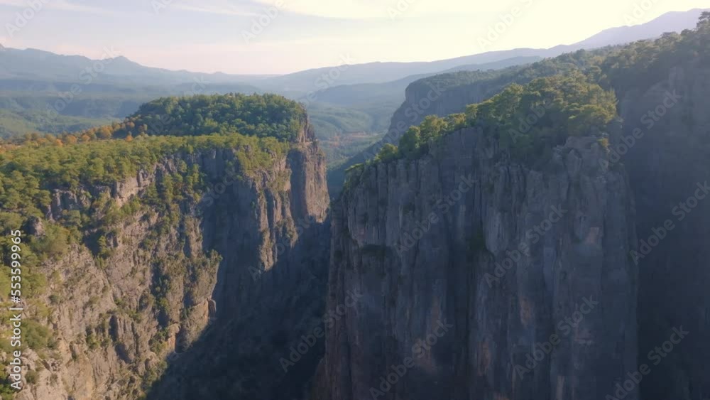 Big green canyon in sunny weather. Green trees and gray rocks. Mountain landscape. Aerial drone video footage Big green canyon in sunny weather. Green trees and gray rocks. Mountain landscape. Aerial drone video footage