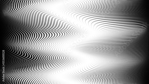 Wavy halftone background with illusion effect. Curved gradient pattern with dots. Vector illustration.