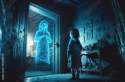 Young girl looking at blue levitating ghost at doorway in the haunted house. Postproducted generative AI digital illustration. © LeArchitecto
