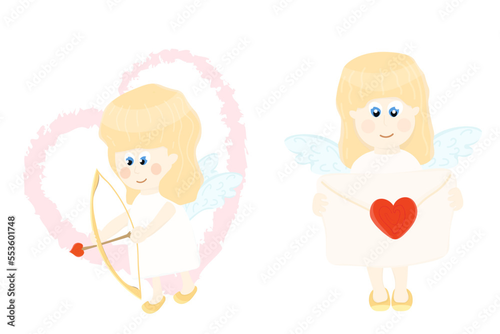 Two separate cute cupid angels with a bow and arrow, a letter in their hands. Two separate cute cupid angels with a bow and arrow, a letter in their hands.