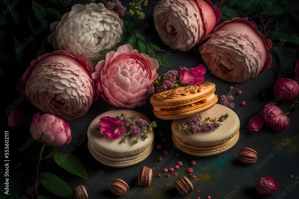 Macaroons and flowers, Generative AI Macaroons and flowers, Generative AI