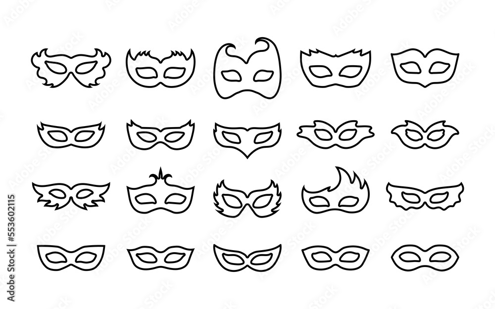 Set of outline carnival masks. Simple linear icons of masquerade masks, for party, parade and carnival, for Mardi Gras and Halloween. Line art mask element can be used as isolated sign or symbol. Set of outline carnival masks. Simple linear icons of masquerade masks, for party, parade and carnival, for Mardi Gras and Halloween. Line art mask element can be used as isolated sign or symbol.