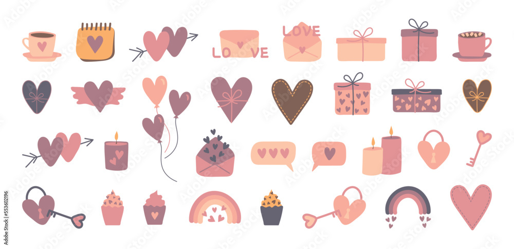 Valentines Day vector collection. Romantic love icons in flat cartoon style. Valentine's day cute illustration set. Gift box, heart, balloons, pancake, rainbow, envelope and others decorative elements