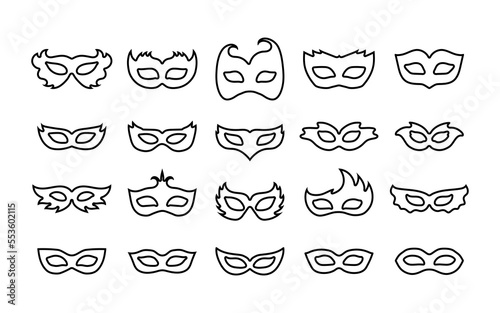 Set of outline carnival masks. Simple linear icons of masquerade masks, for party, parade and carnival, for Mardi Gras and Halloween. Line art mask element can be used as isolated sign or symbol.