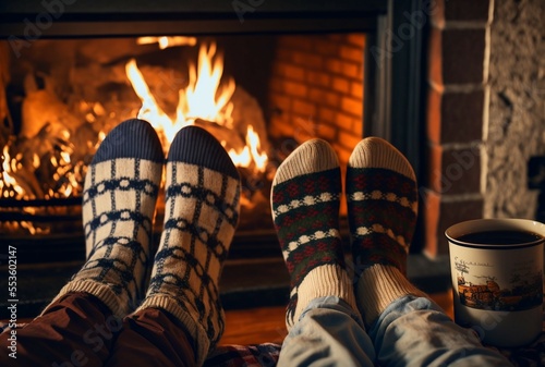 3D illustration, image of a couple, in a living room, next to the fireplace with feet in wool, 3D rendering