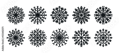 Snowflake winter design, decor. Set of crystal snowflakes of different geometric shapes. Winter flat vector decorative elements, snow flake ornament for New Year's holidays, frostwork illustrartion.