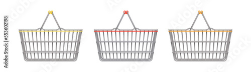 Store basket on white isolated background. Empty realistic wire basket.