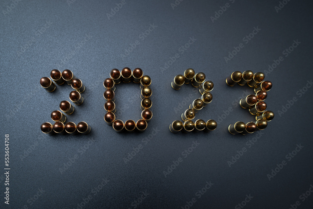 2023 with 9mm cartridges, close up photo. 2023 with 9mm cartridges, close up photo.