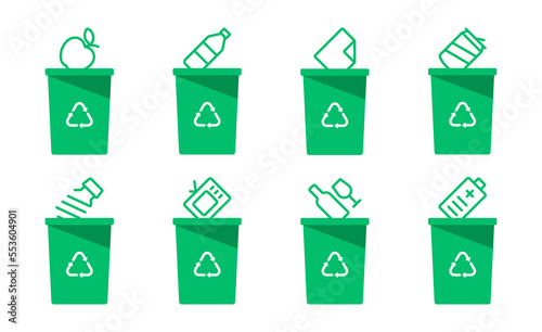 Collection of green separation recycle bin icon.Organic,batteries,metal,plastic,paper,glass,waste,light bulb,aluminium,food,can,bottle.Bin vector,recycle bin.Vector illustration. Isolated on white