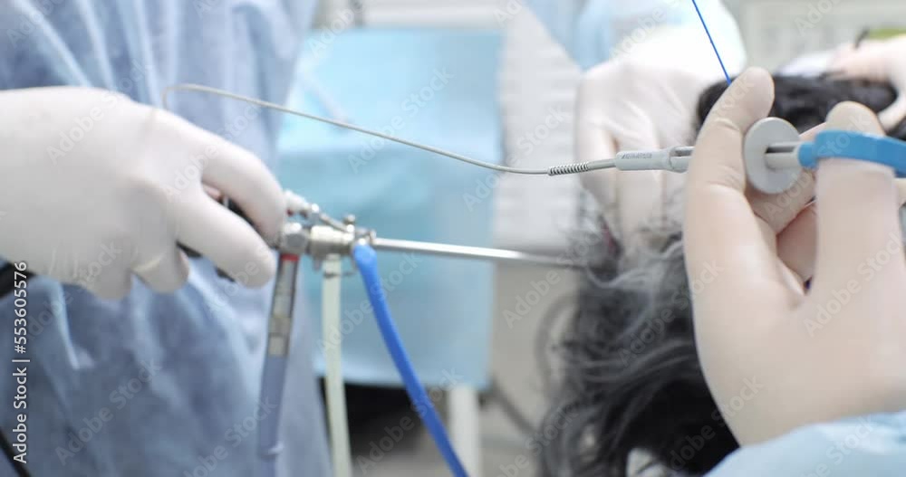 The doctor operates the endoscopic equipment to examine the dog's