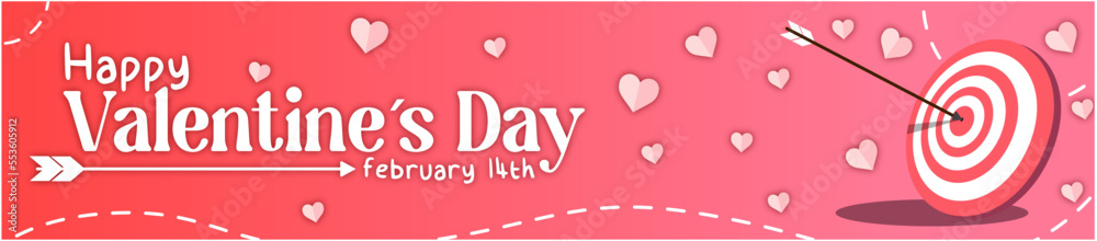 Panoramic red banner with typographic design of happy valentine, hearts and an arrow hitting the target.