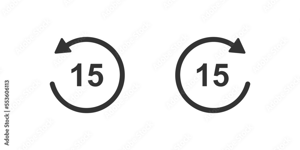 15 seconds rewind and fast forward icons. Round repeat and next buttons with circle arrows isolated on white background. Audio or video player playback elements. Vector graphic illustration 15 seconds rewind and fast forward icons. Round repeat and next buttons with circle arrows isolated on white background. Audio or video player playback elements. Vector graphic illustration
