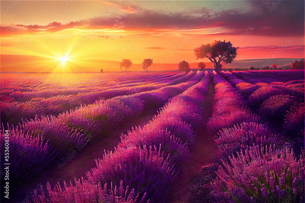 Lavender field at sunrise or sunset with golden light and soft purple colors - obrazy, fototapety, plakaty 