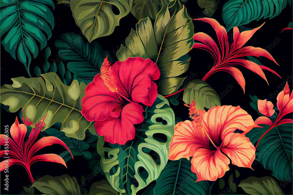 lush vegetation and hibiscus flower patter ideal for tropical and exotic backgrounds - obrazy, fototapety, plakaty 
