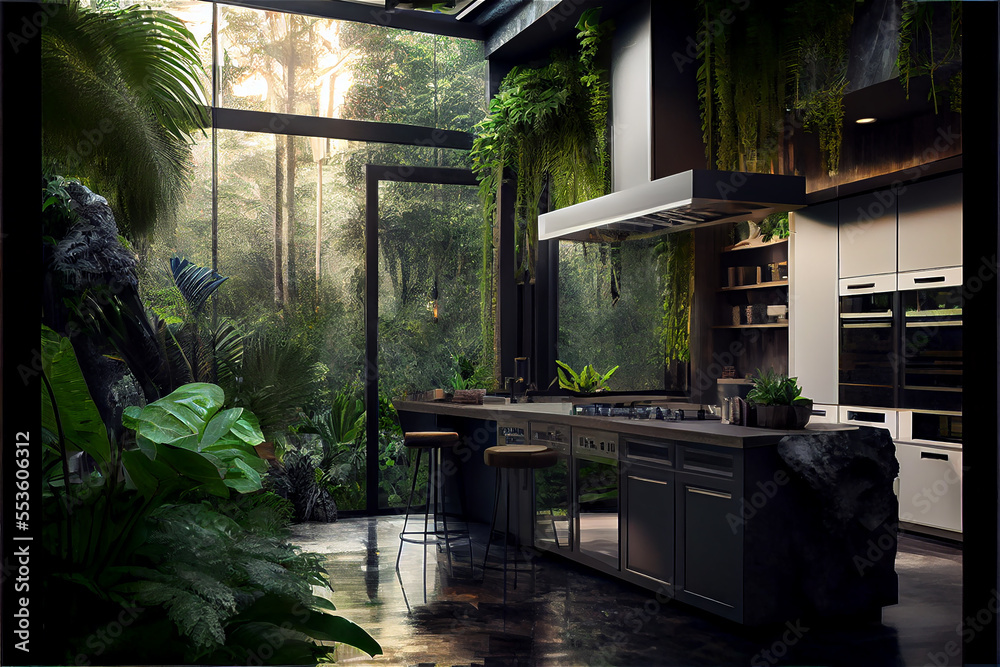 Luxury modern kitchen with a jungle theme with exotic plants interior ...