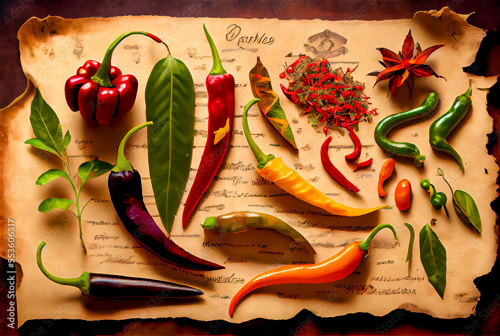 peppers and chiles collection in a vintage setting herbarium style with copy space - obrazy, fototapety, plakaty 