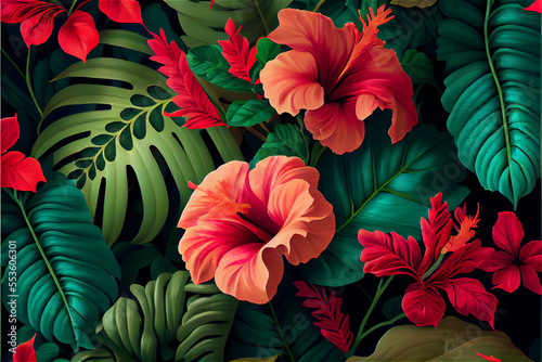 lush vegetation and hibiscus flower patter ideal for tropical and exotic backgrounds