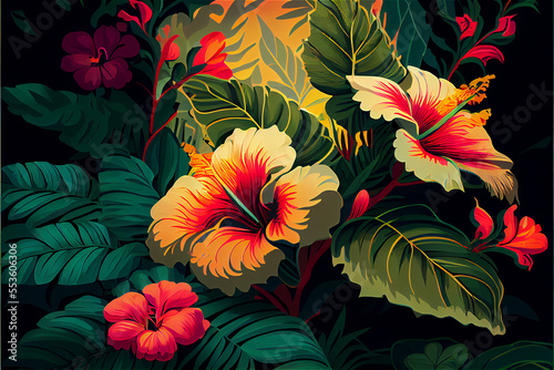 lush vegetation and hibiscus flower patter ideal for tropical and exotic backgrounds © FrankBoston