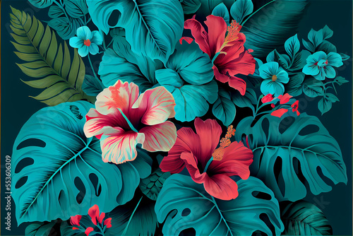 lush vegetation and hibiscus flower patter ideal for tropical and exotic backgrounds in turquoise hues