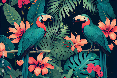 tropical pattern with jungle vegetation and exotic fauna in bright colors