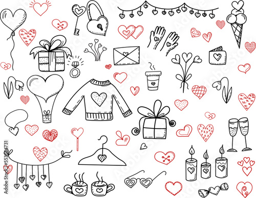 set for valentines day doodle sketch on white background isolated, vector