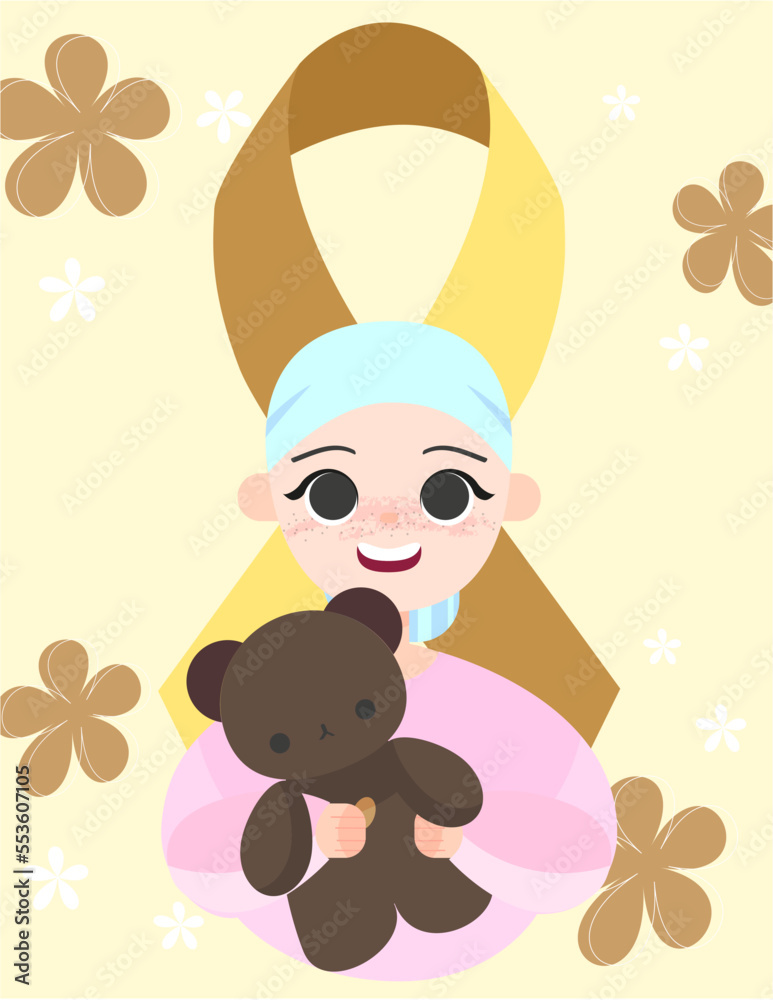Día Mundial del Cáncer Infantil. (15 de Febrero)
Pequeña niña con cáncer abrazando un oso de peluche y sonriéndo a pesar de su enfermedad; tiene un listón dorado de fondo que honra su valentía.