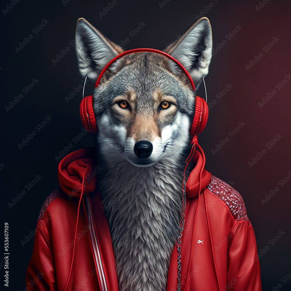 portrait of a wolf with jackets and red headphones - Generative AI Stock  Illustration | Adobe Stock