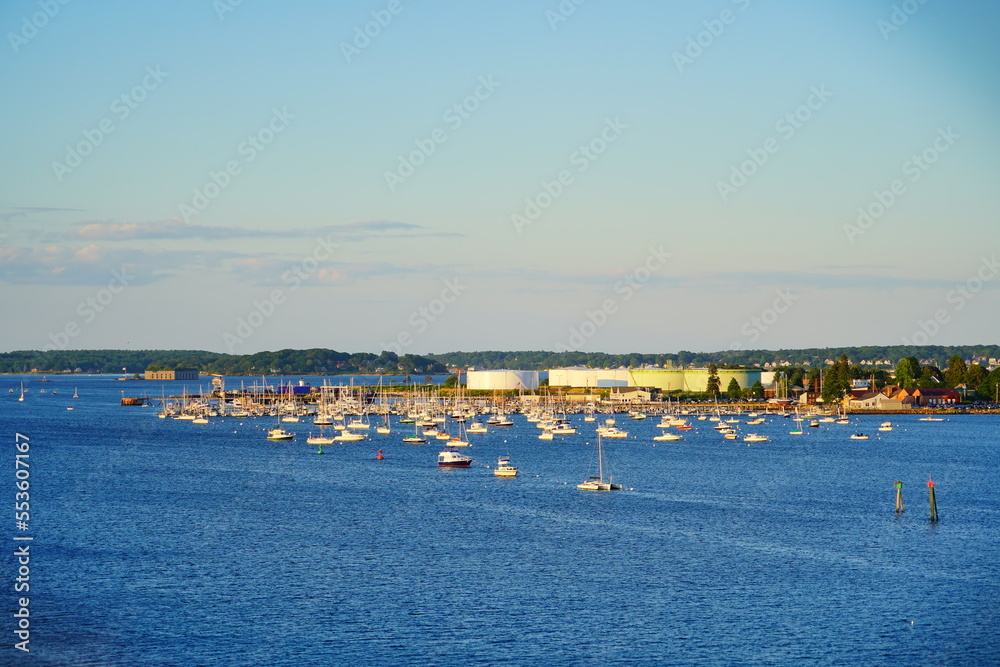 Landscape of Fore river and Portland Downtown and Harbor  in Maine