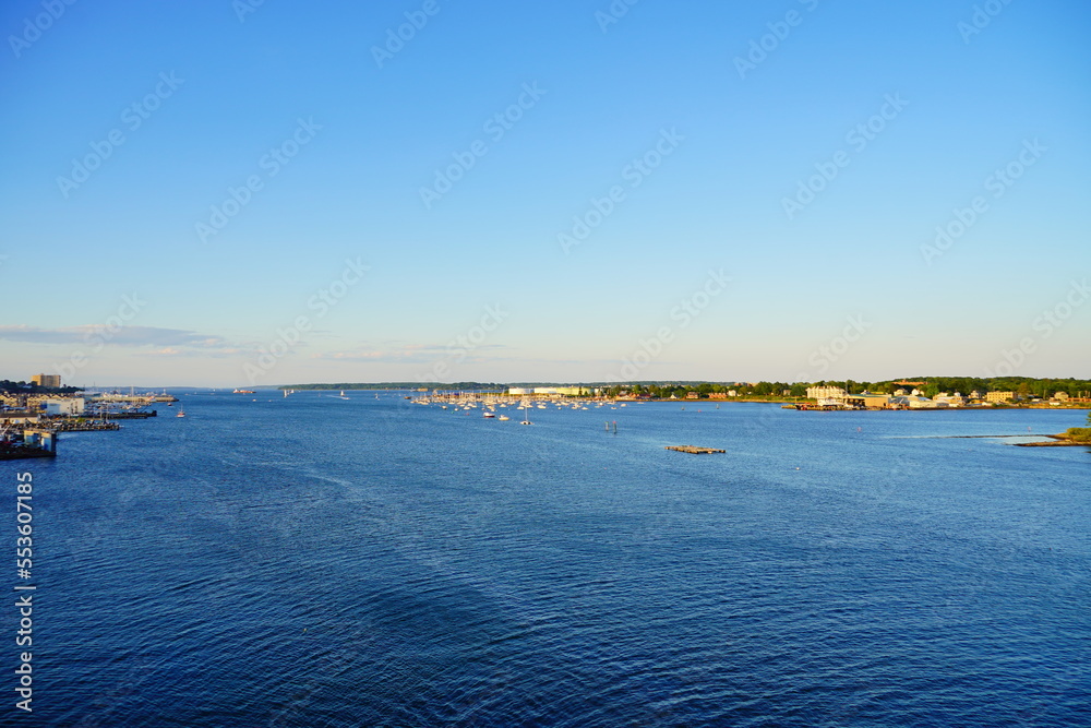 Landscape of Fore river and Portland Harbor and Downtown in Maine