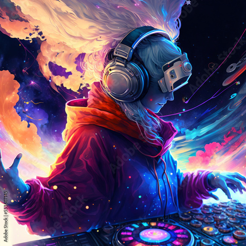 female DJ playing music inside the metaverse - Generative AI