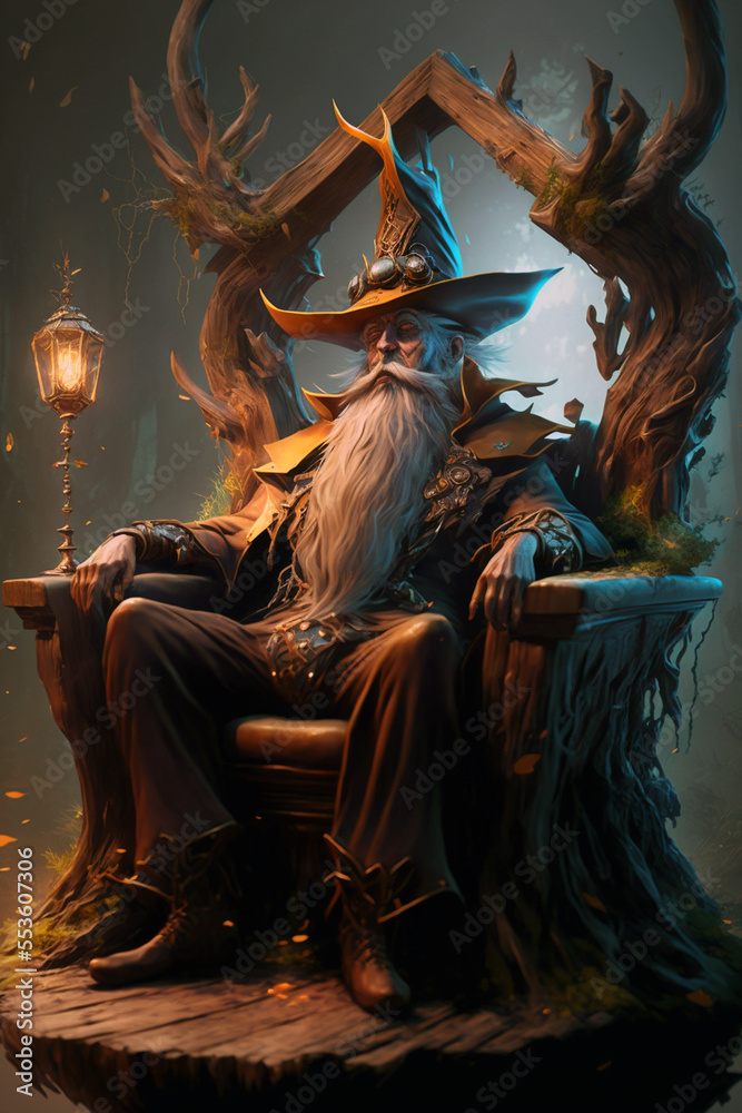 tired ancient mage on throne - Generative AI