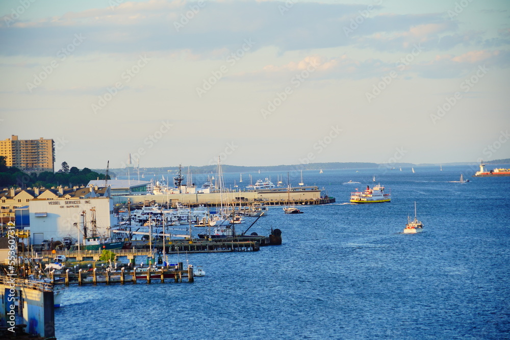 Landscape of Fore river and Portland Harbor and Downtown in Maine