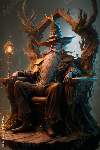 tired ancient mage on throne - Generative AI