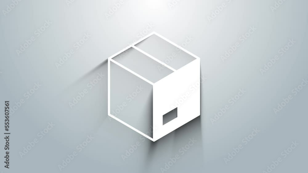 White Carton cardboard box icon isolated on grey background. Box, package, parcel sign. Delivery and packaging. 4K Video motion graphic animation White Carton cardboard box icon isolated on grey background. Box, package, parcel sign. Delivery and packaging. 4K Video motion graphic animation