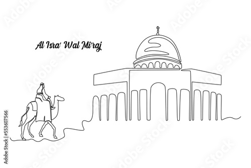 Continuous one line drawing a Muslim trip to al Aqsa mosque by camel. Isra MIraj. Islamic events concept. Single line draw design vector graphic illustration.