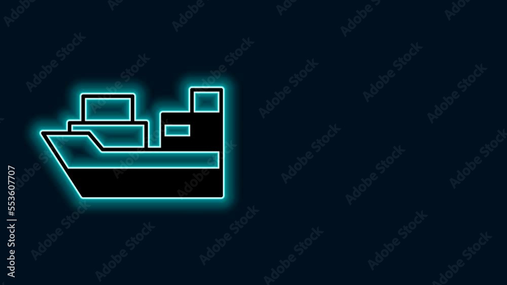 Glowing neon line Cargo ship with boxes delivery service icon isolated on black background. Delivery, transportation. Freighter with parcels, boxes, goods. 4K Video motion graphic animation Glowing neon line Cargo ship with boxes delivery service icon isolated on black background. Delivery, transportation. Freighter with parcels, boxes, goods. 4K Video motion graphic animation
