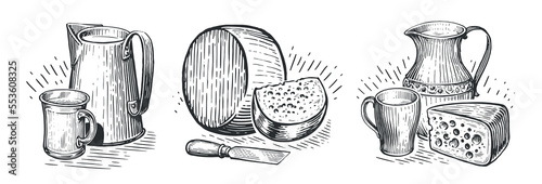 Cheese, milk concept sketch collection. Dairy farm organic products set. Vintage vector illustration