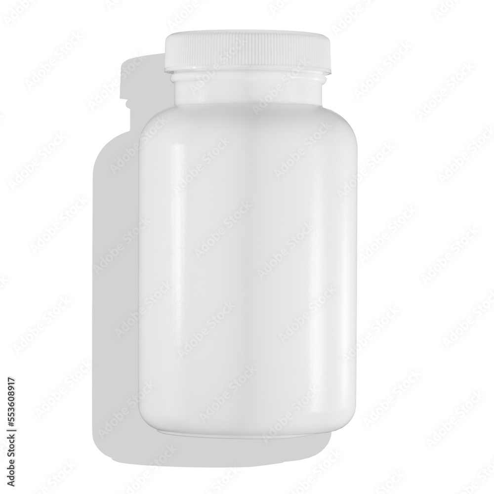 Biała butelka PET na lekarstwa , rzucająca cień na podłoże - obrazy, fototapety, plakaty 