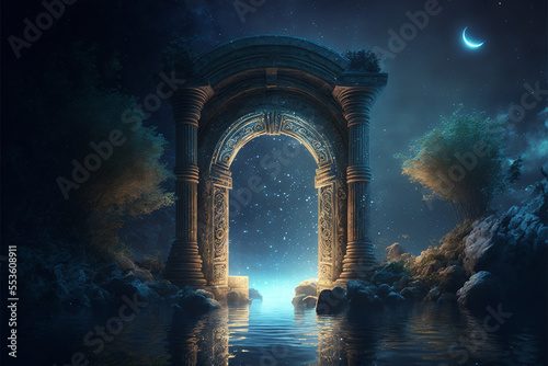 the light of evden a portal ancient gate in the middle of the waters, waters in the celestial sphere of peace, neverland dreamy cosmic beings surrounding in naturef 3d rendering