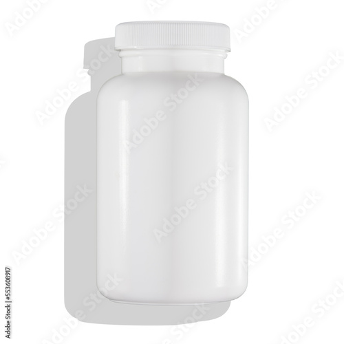 Biała butelka PET na lekarstwa , rzucająca cień na podłoże - białe tło. Produkt o przeznaczeniu medycznym.