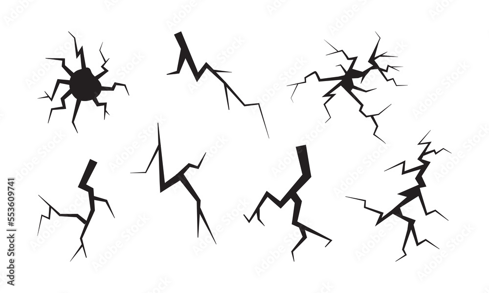 Crack vector icon, cracked ground, ice, glass, wall, egg, dry fissure on land surface, hole effect, break set from disaster or drought, black fractures top view isolated on white background Crack vector icon, cracked ground, ice, glass, wall, egg, dry fissure on land surface, hole effect, break set from disaster or drought, black fractures top view isolated on white background