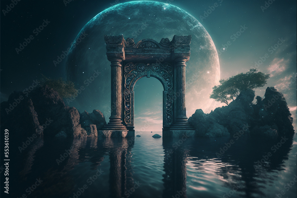 Naklejka premium the light of evden a portal ancient gate in the middle of the waters, waters in the celestial sphere of peace, neverland dreamy cosmic beings surrounding in naturef 3d rendering