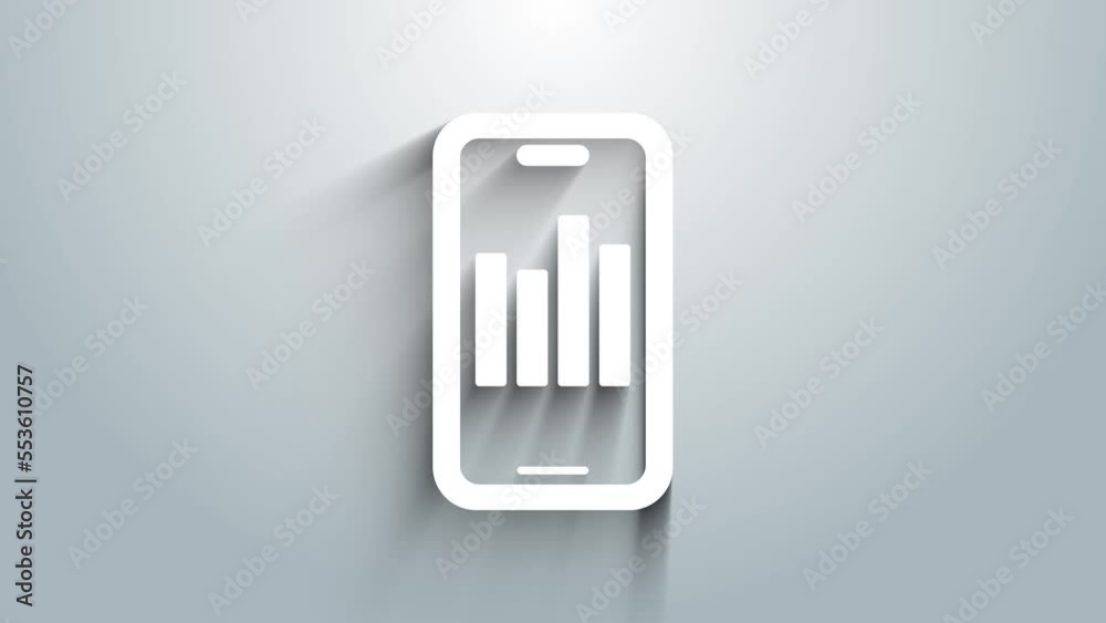 White Mobile phone with graph chart icon isolated on grey background. Report text file. Accounting sign. Audit, analysis, planning. 4K Video motion graphic animation White Mobile phone with graph chart icon isolated on grey background. Report text file. Accounting sign. Audit, analysis, planning. 4K Video motion graphic animation