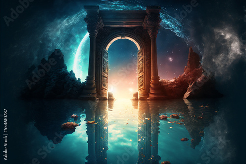 the light of evden a portal ancient gate in the middle of the waters, waters in the celestial sphere of peace, neverland dreamy cosmic beings surrounding in naturef 3d rendering photo