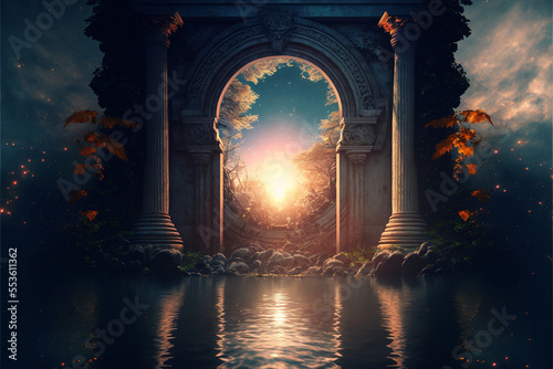 the light of evden a portal ancient gate in the middle of the waters