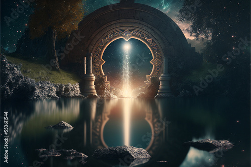 the light of evden a portal ancient gate in the middle of the waters  waters in the celestial sphere of peace  neverland dreamy cosmic beings surrounding in naturef 3d rendering