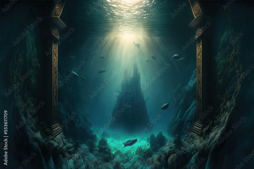Underwater ancient city in the depths of the ocean. Atlantis lost world. ancient sunken architecture. Underwater gorges and tunnel. Lots of underwater organisms and fish. Underwater deep world. AI - obrazy, fototapety, plakaty 
