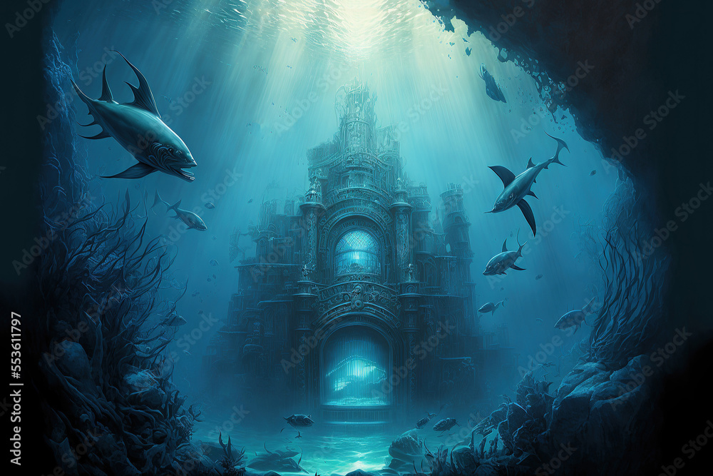 Underwater ancient city in the depths of the ocean. Atlantis lost world. ancient sunken architecture. Underwater gorges and tunnel. Lots of underwater organisms and fish. Underwater deep world. AI Underwater ancient city in the depths of the ocean. Atlantis lost world. ancient sunken architecture. Underwater gorges and tunnel. Lots of underwater organisms and fish. Underwater deep world. AI